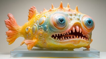 A surreal art toy monster with melting shapes and vibrant color gradients, presented in a dreamlike floating display case
