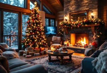 a large wooden house, the fireplace is lit, next to the fireplace there is a pine tree decorated for Christmas, around the tree there are boxes and packages of souvenirs. the living room is brightly d