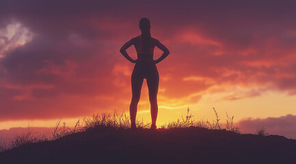 silhouette of a person standing on a hilltop at sunset.