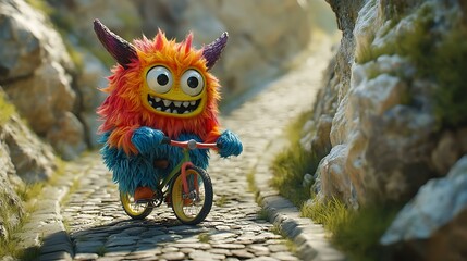 A colorful monster toy riding a tiny bicycle along a winding cobblestone path