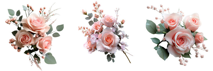 Fototapeta premium A collection of beautifully arranged pink roses with delicate greenery and other floral accents.