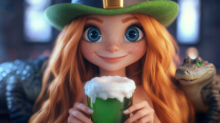 A cheerful character in a green hat holds a glass of green beer, drink on St. Patricks Day in a festive setting