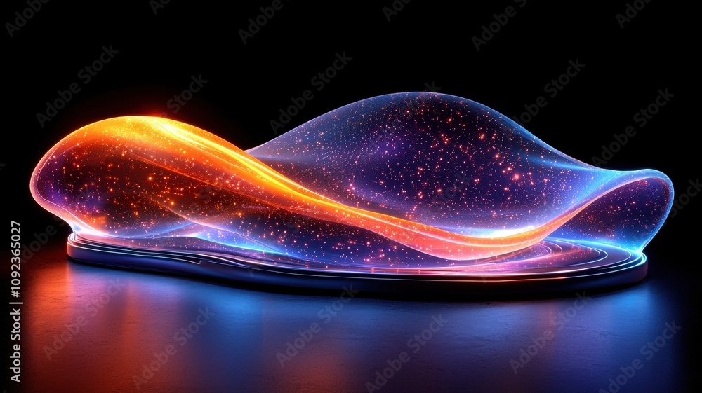 Sticker dynamic curved neon waves display abstract art installation dark background high fidelity visuals co