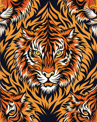 colorful pattern design, A vibrant, stylized illustration of a tiger's face, showcasing dynamic colors expression with swirling orange and red background , capturing the spirit of power, fear.
