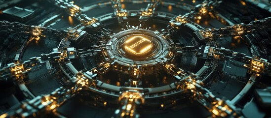 Obraz premium Futuristic metallic, circular machine with glowing core.