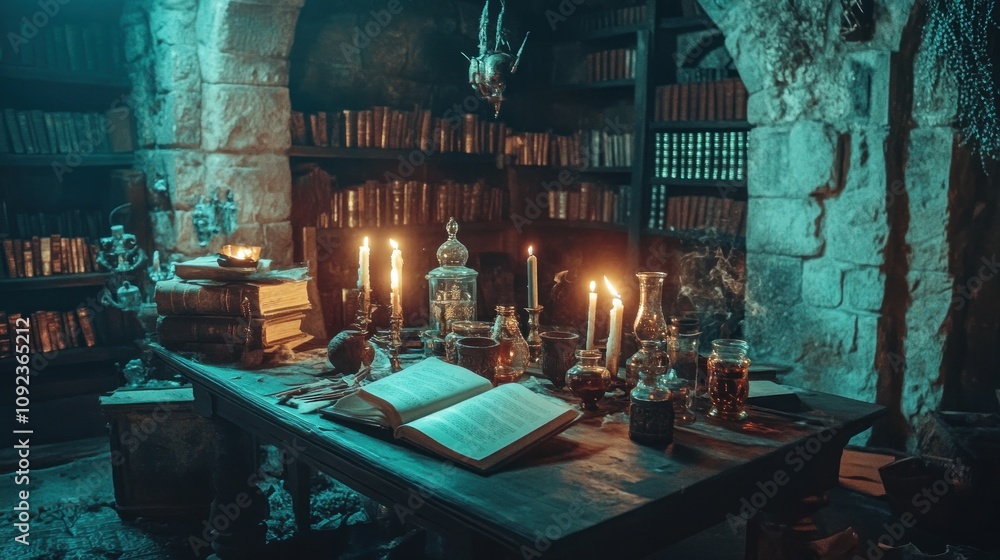 Poster here's a and keyword list for your stock photo.. mystical occult library interior with open book, ca