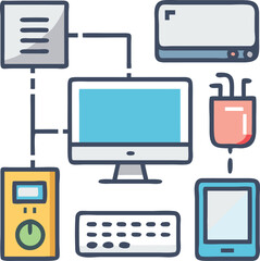 Network of Connected Electronic Devices, Flat illustration depicting interconnected devices, including monitors, laptops, speakers, and servers, symbolizing technology networks and digital connectivit