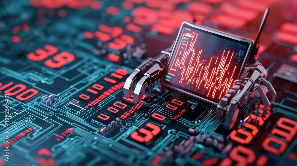 Poster futuristic robot with a screen on a digital circuit background.