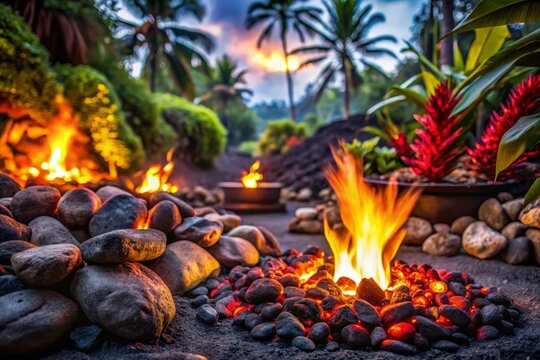 Hot Coals and Rocks Smoldering as the Imu is Prepared for a Traditional Hawaiian Luau Under Low Light Conditions, Capturing the Essence of Hawaiian Culture and Cuisine