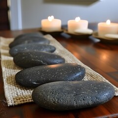 Spa scene with hot stones arranged on burlap and lit candles in background