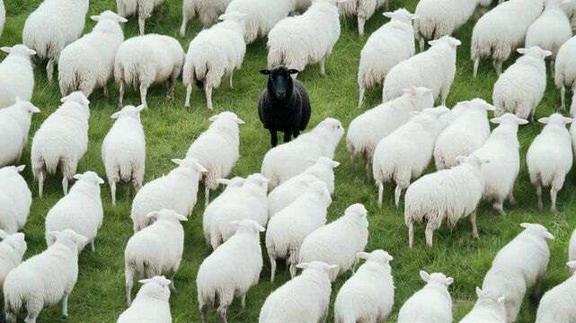 One Black Sheep Among Many: A solitary black sheep stands out amidst a vast flock of white sheep in a lush green pasture. This image symbolizes individuality, standing out from the crowd.