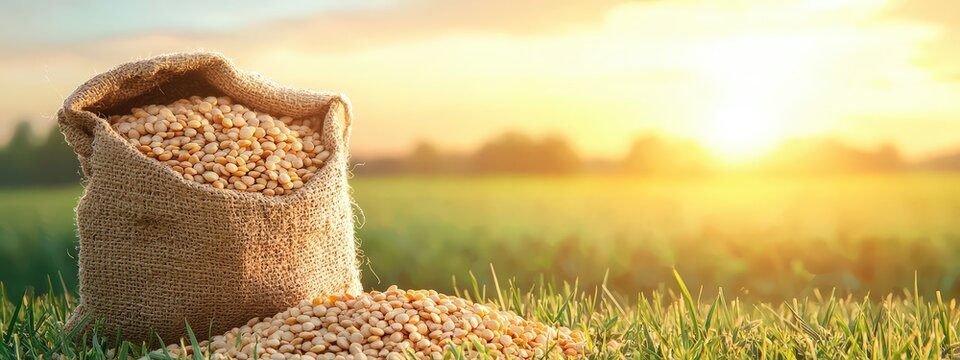 Organic pulses in a natural bag with a countryside background