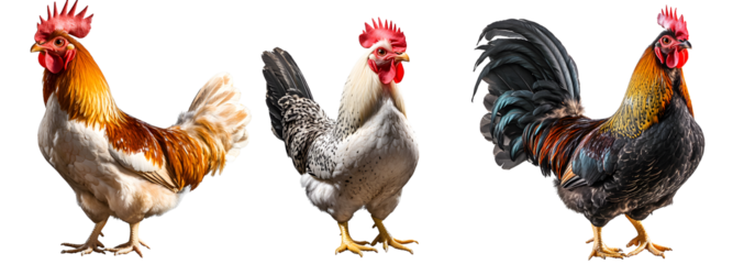 A set of chickens and a rooster in different angles. Close-up of a farm chicken, a farm rooster stands, the chicken flaps its wings. Isolated on a transparent background.