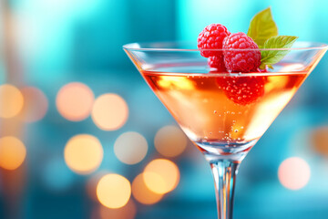 Refreshing Raspberry Cocktail in Elegant Glass with Bubbles and Garnish against a Soft Focus Background of Blurred Lights