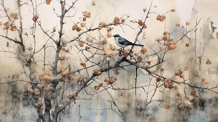 a small bird on a tree with flowers in bloom