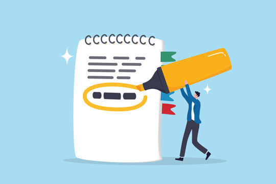 Highlight important note, serious essential word in highlight circle or underline, marked critical, vital or significant, spotlight attention concept, businessman highlight pen circle important note.