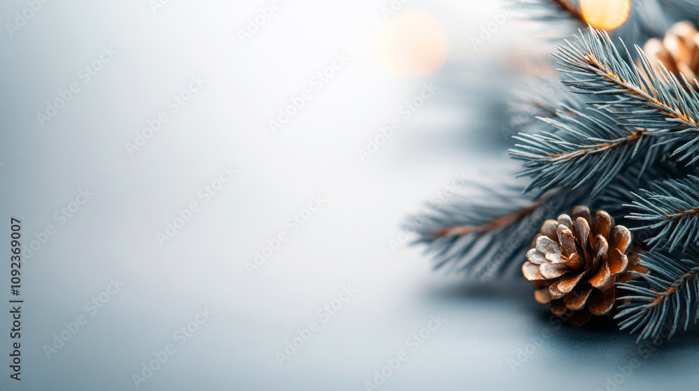Aufkleber aesthetic close-up of a pine branch with a pine cone and soft glowing lights creating a serene winte