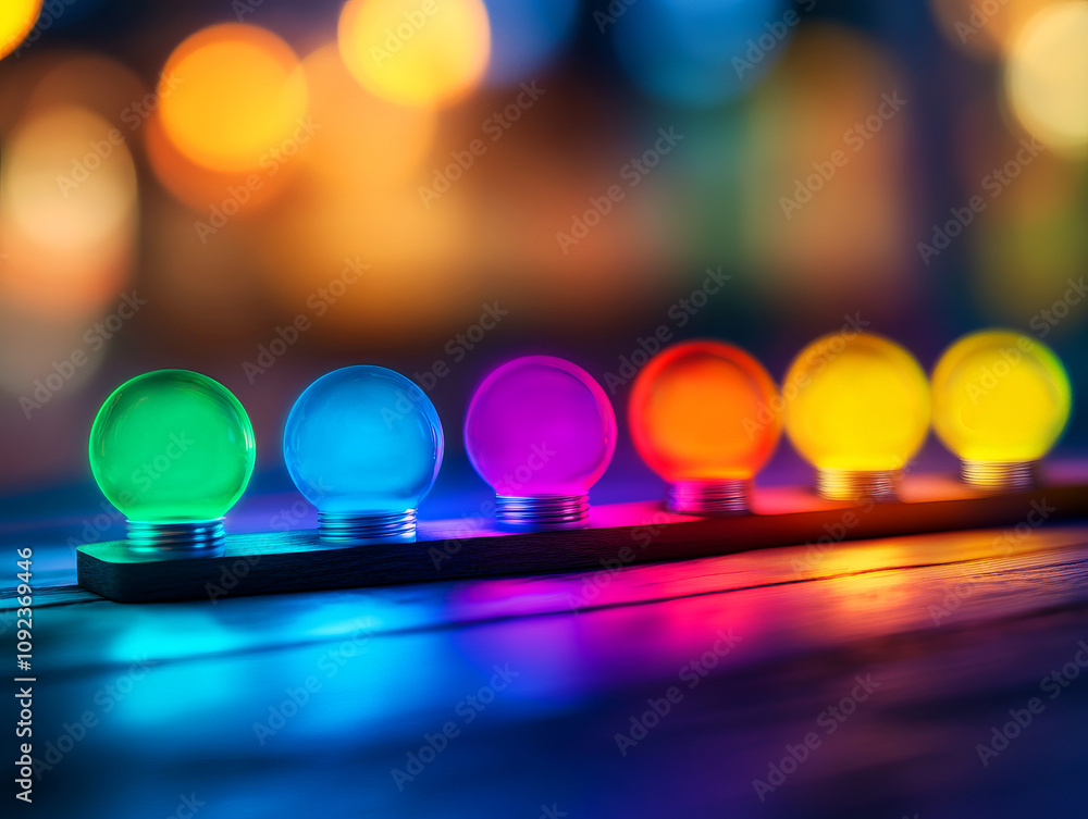 Poster colorful glass spheres on wooden board against bokeh background with soft lights creating an abstrac
