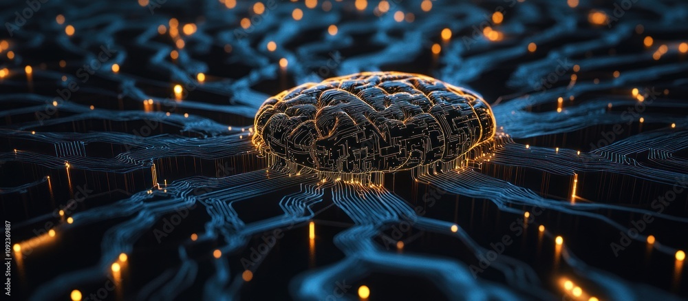 Poster abstract 3d rendering of a human brain integrated into a complex network of glowing neural pathways.