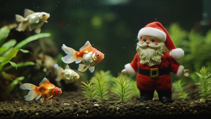 Obraz premium Santa model and Goldfish in aquarium with green plants 
