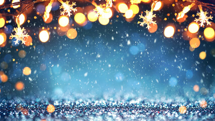 Christmas snowflakes lights with falling snow on glitter, snowflakes, Winter and new year holidays....