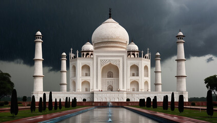 Fototapeta premium Taj Mahal During Monsoon: Rain-Soaked Elegance: The Taj Mahal