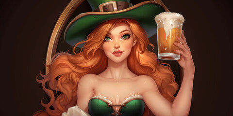 Woman with red hair in festive green attire holding a glass of beer, celebrating St. Patricks Day