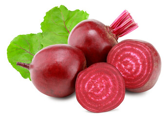 sliced beetroot with green leaf isolated on white background. clipping path