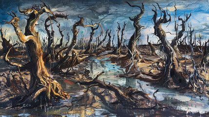 A haunting expressionism painting depicting a desolate landscape ravaged by environmental degradation, with twisted trees and polluted waters rendered in somber hues and distorted shapes.