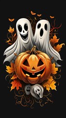 A spooky Halloween illustration featuring two ghosts, a carved pumpkin, autumn leaves, and bats, all arranged on a dark background to create a festive and eerie vibe.
