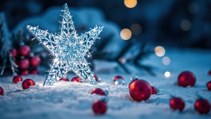 Fototapeta premium Enchanting Winter Wonderland Scene with Sparkling Silver Star and Red Baubles, Perfect for Holiday Greetings and Festive Decorations