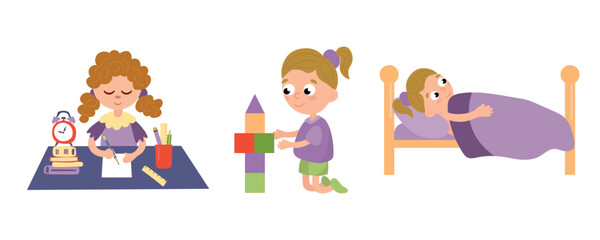 Fototapeta premium Child's daily routine. Does homework, plays, goes to bed. White background, isolate 