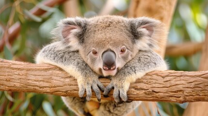 Fototapeta premium A peacefully sleeping koala hugging a tree, fully immersed in a tranquil rest. The close-up captures the serene bond with nature and a sense of calmness in the wild.