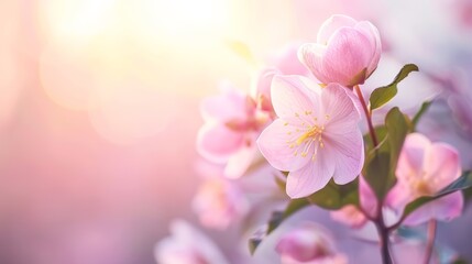 Obraz premium Elegant pink tulips in full bloom with soft green leaves, bathed in gentle sunlight.