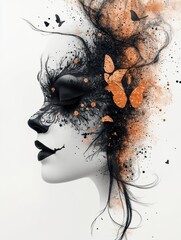 A woman's face is painted with black and orange splatters, giving it a creepy