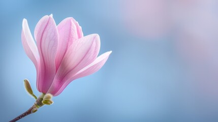 Obraz premium Beautiful pink magnolia flowers blooming against a clear blue sky, symbolizing the arrival of spring.