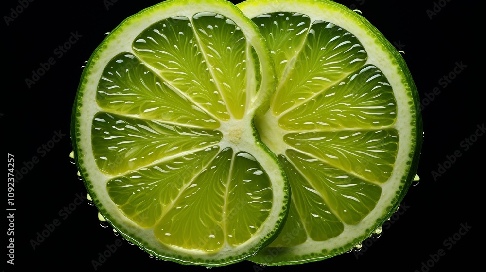 Poster ultra detailed 3d image of whole lime and sliced segments on black background