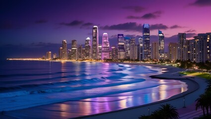 Fototapeta premium Twilight Reflections: A Coastal Cityscape at Dusk