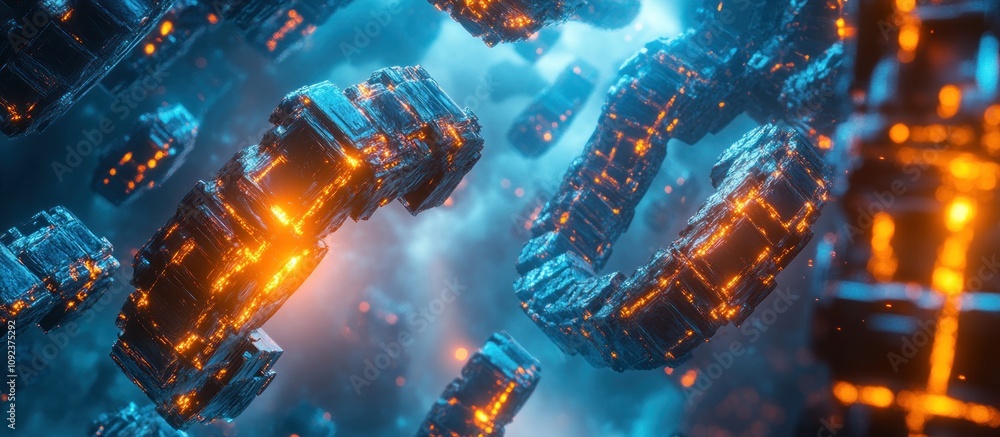 Poster glowing abstract shapes float in a blue and orange nebula.
