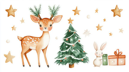 Fototapeta premium Hand drawn watercolor deer with a rabbit. Funny Xmas characters clip art. Christmas card design. Isolated on white Cute childish characters.