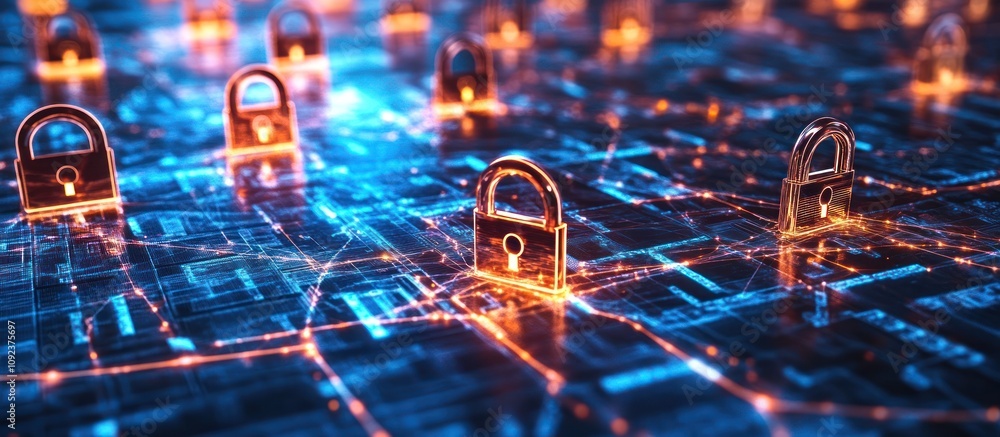 Poster network security glowing padlock icons on a digital circuit board represent data protection and cybe