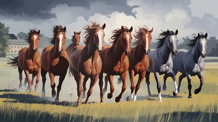 Seven horses running in the field water colour painting illustration image.