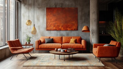 Modern Living Room Decor With Orange Sofa And Artwork
