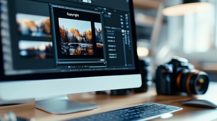 A computer monitor displaying an image editing software screen with the word "Copyright," highlighting digital rights and content protection.