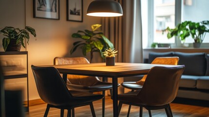 Obraz premium A square dining table under a retro-style lamp, surrounded by four leather chairs in a cozy interior with warm, neutral lighting