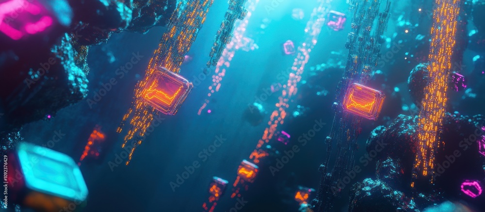Poster abstract underwater scene with glowing cubes and particles.