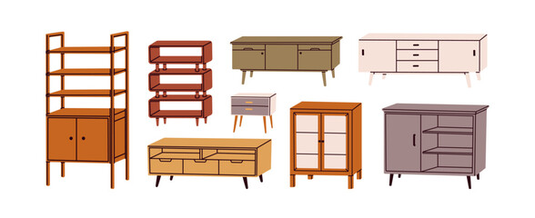 Shelf, cabinet, sideboard, chest of drawers and dresser. Wooden storage furniture set in modern trendy retro style for minimalist home design. Flat vector illustration isolated on white background
