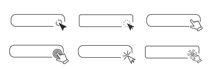 Click here line frame, interface bar with cursor arrow or hand. Ui element search, buy field, link. button for click. Push banner simple icon.