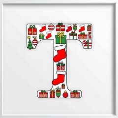 Festive Letter T Design Adorned with Colorful Christmas Decorations, Gifts, and Ornaments Perfect for Holiday Celebrations and Seasonal Joy