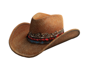 a brown cowboy hat with a red and blue band